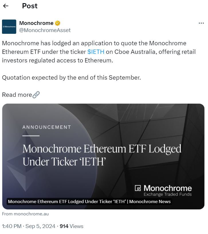Monochrome confident as it files for Australia's first ETF to hold Ether directly