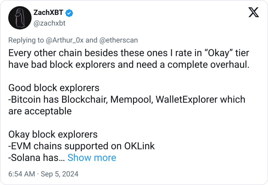 ZachXBT criticizes block explorers on L1 chains, calls for overhaul